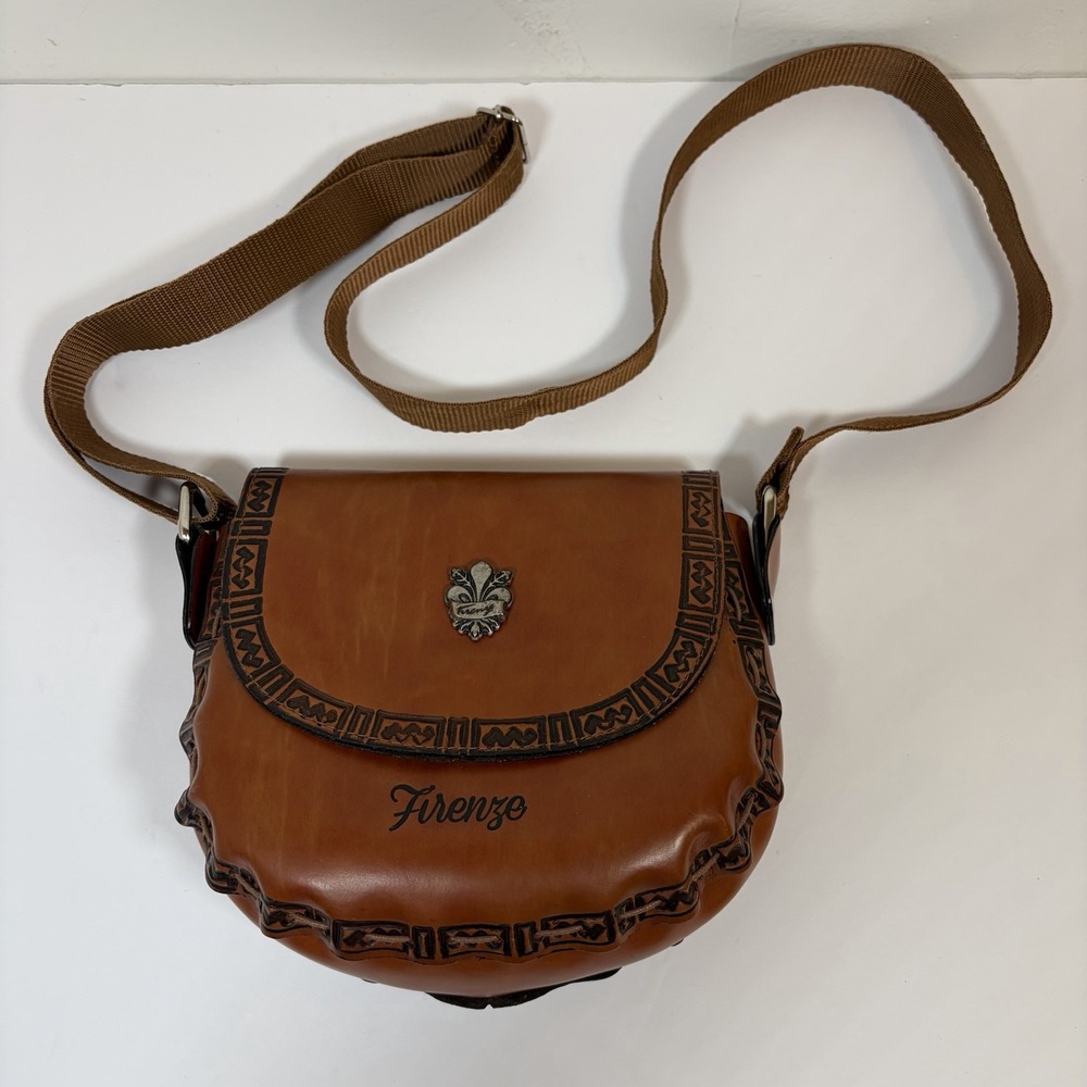 Vintage Firenze Italy Leather Crossbody Carved Stitched Minimalist Made In Italy